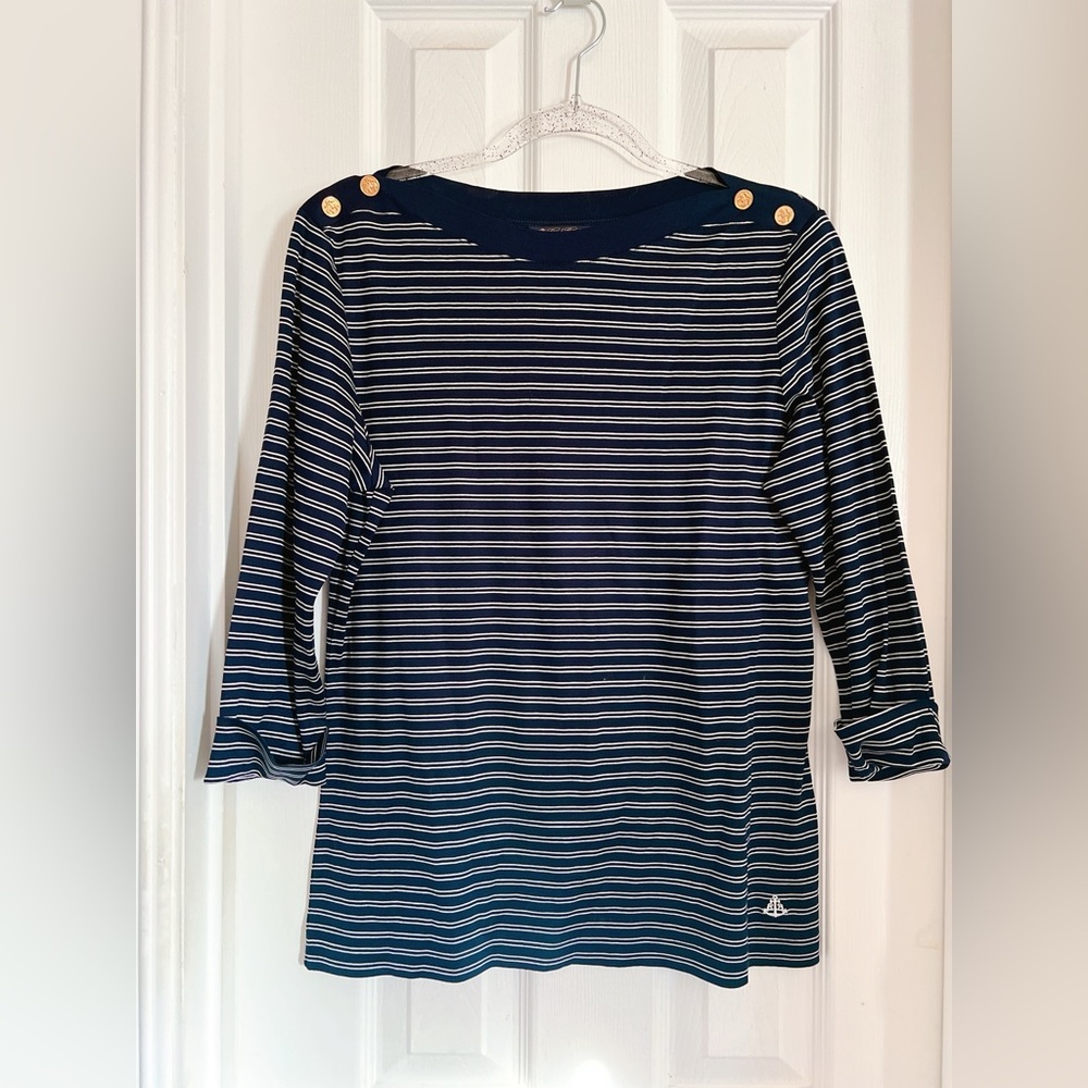 Brooks Brothers M navy blue top blouse 100% cotton white stripe 3/4 sleeve